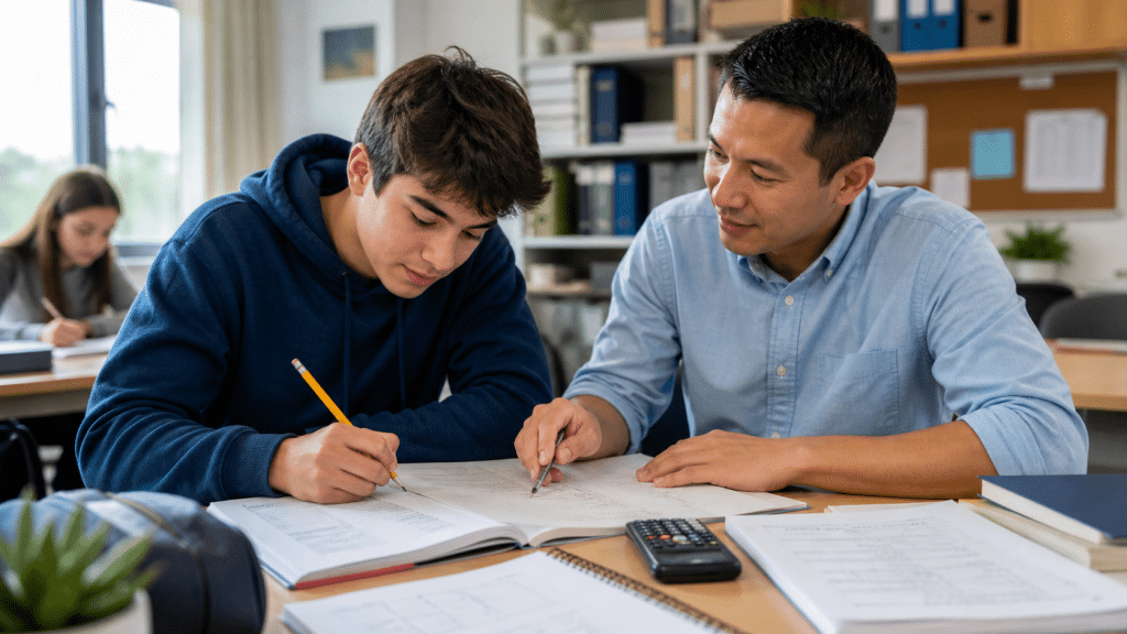 Tutor helps a student with math problems at a desk, pencils and notebooks spread out.