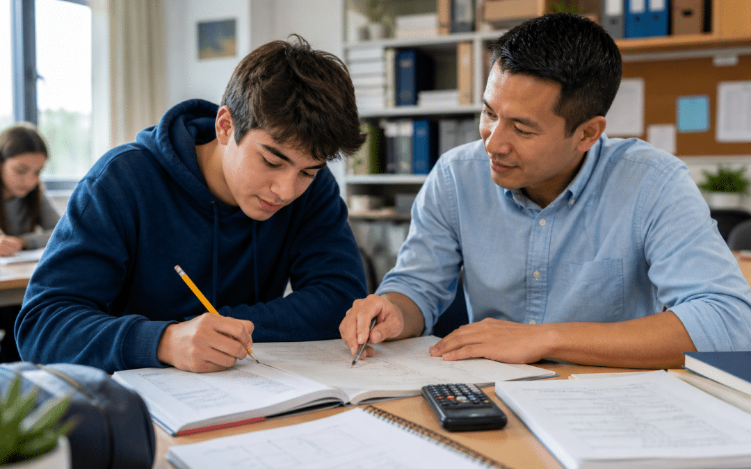 Tutor helps a student with math problems at a desk, pencils and notebooks spread out.